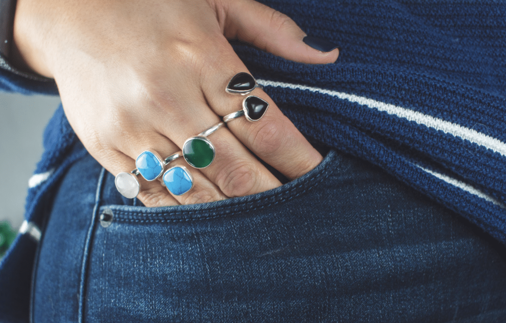 natural stone rings including black onyx, turquoise, and malachite.